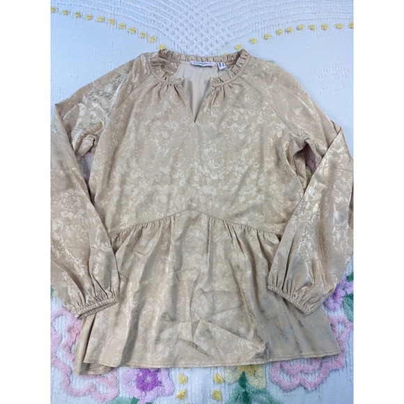 Isaac Mizrahi Live Champagne Floral Jacquard Peplum Blouse Gold Size 6 - Picture 2 of 10